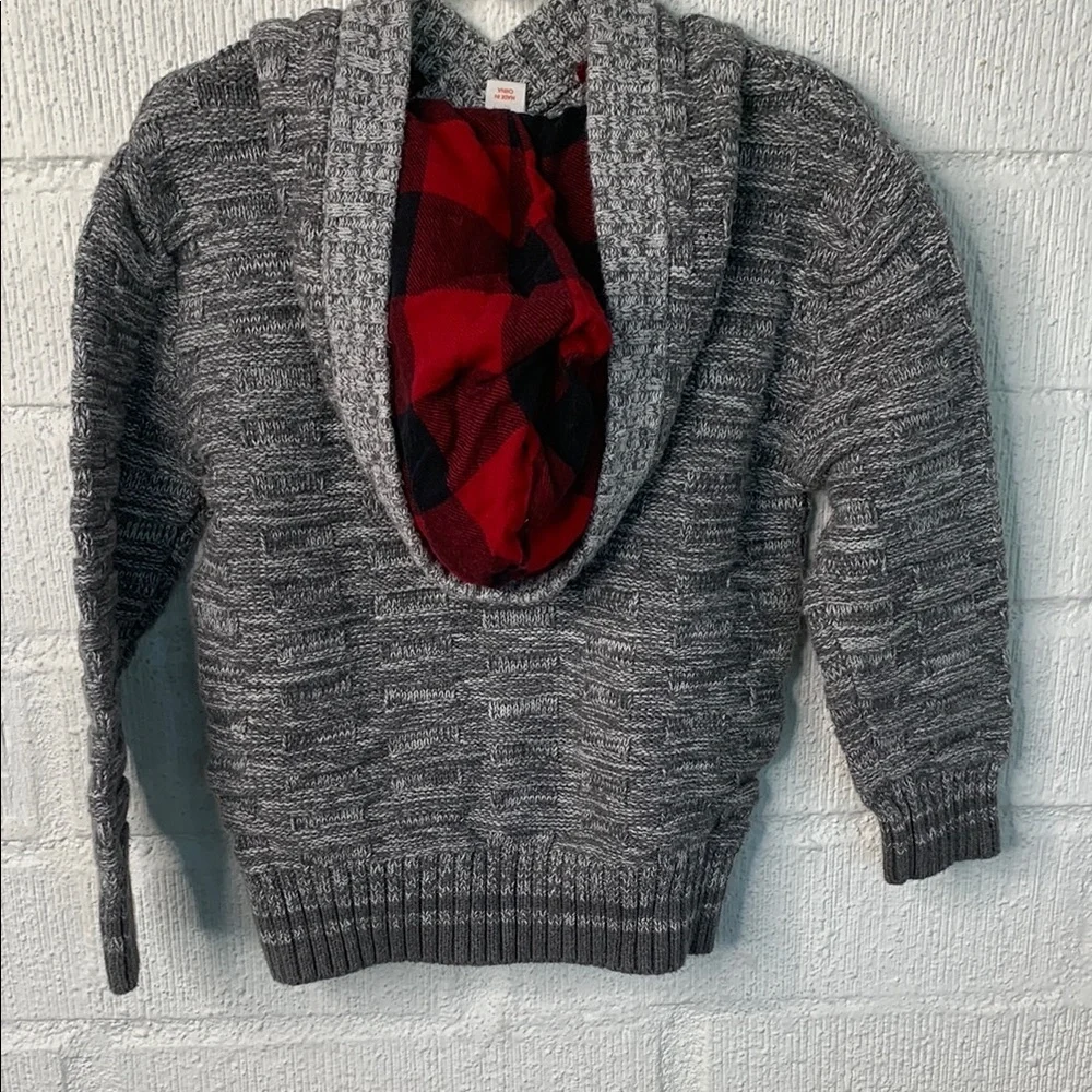 Cat & Jack Gray Knit Red Checkered Holiday Sweater Hooded size 4T
